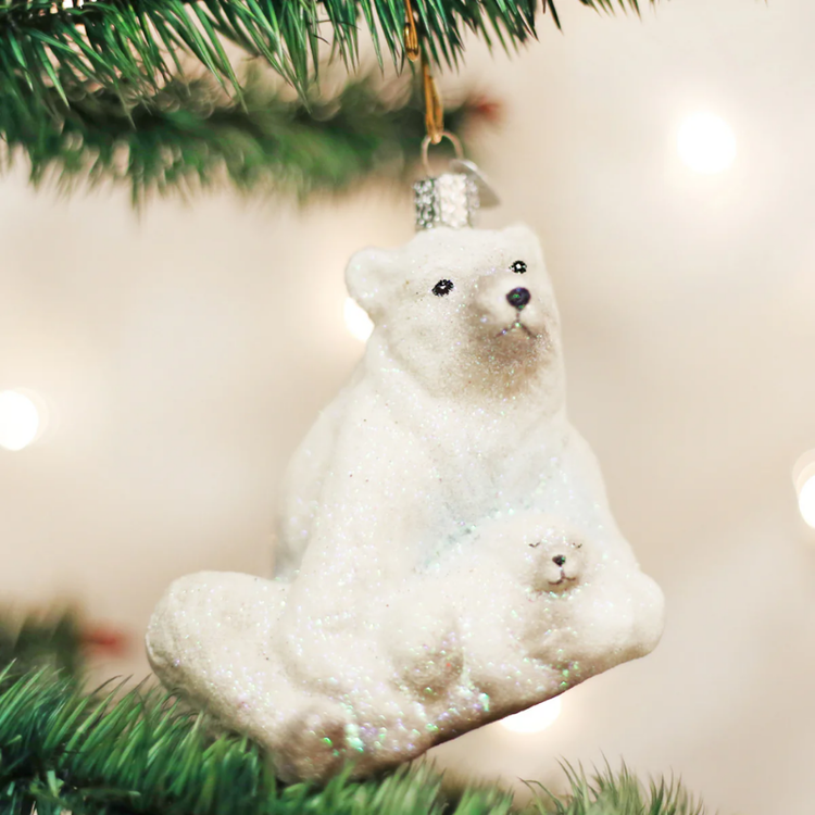 Old World Christmas Polar Bear with Cub Glass Ornament