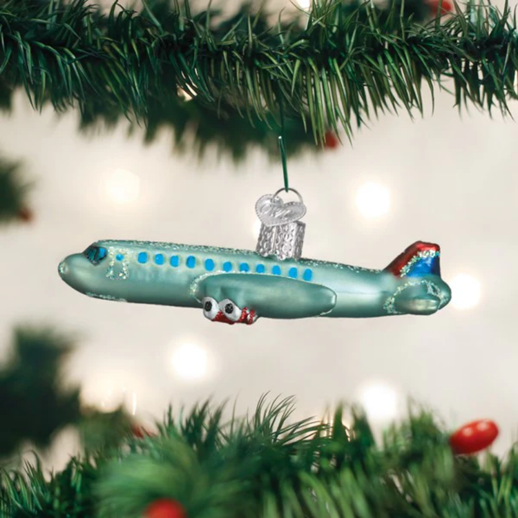 Old World Christmas Passenger Plane Glass Ornament