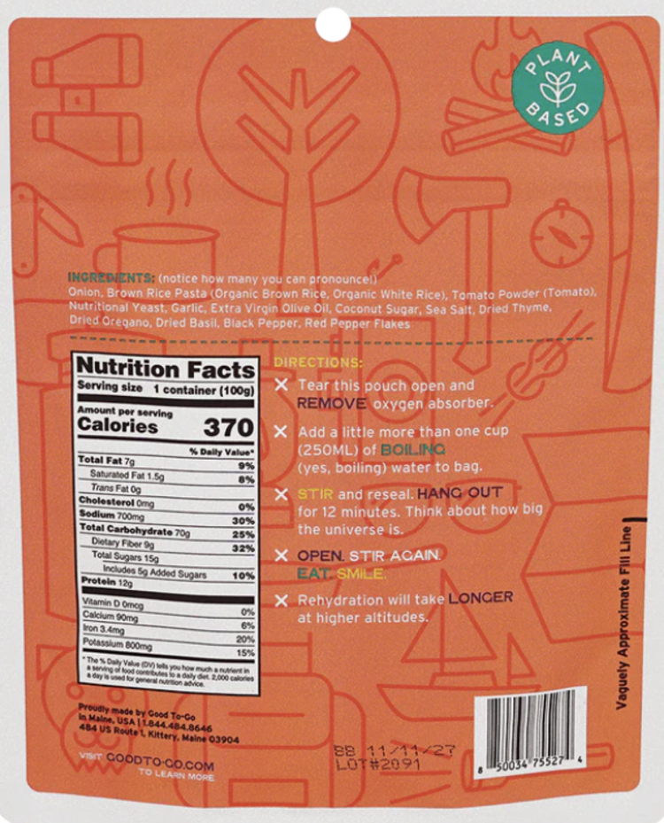 Good To-Go Pasta Marinara Dehydrated Meal