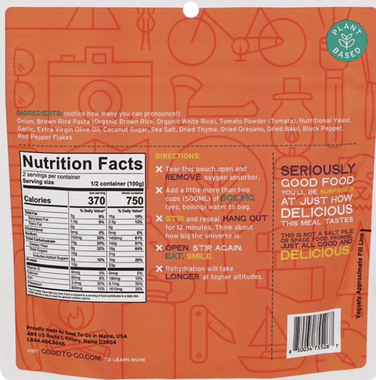 Good To-Go Pasta Marinara Dehydrated Meal