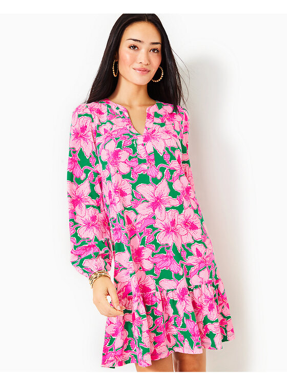 Lilly Pulitzer Kessler Lil Lilly Onyx Pink Green Floral Ruffle Wrap Dress  Medium