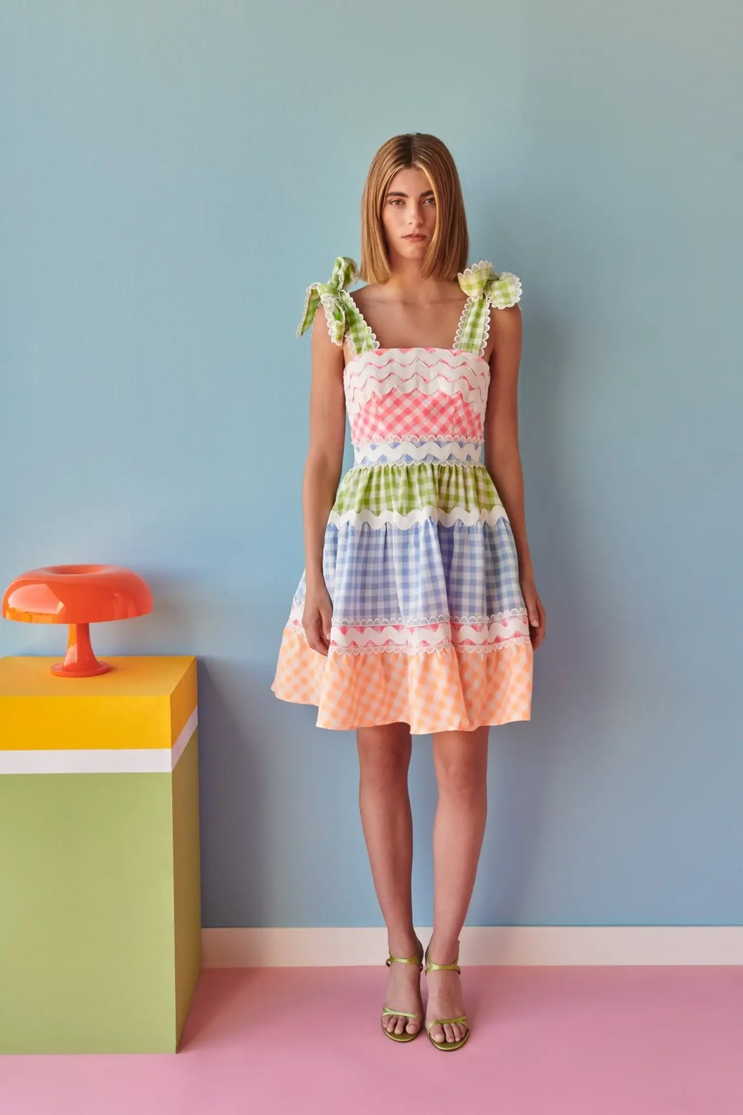 pink and green gingham dress COLLUSION gingham seersucker trapeze midi sundress in pink and green