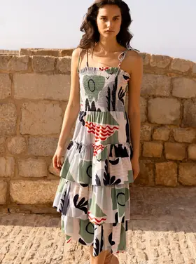 OLIPHANT Smocked tie strap ruffle midi