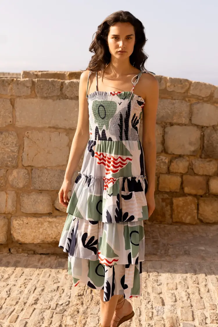 OLIPHANT 1181p1 smocked tie strap ruffle midi