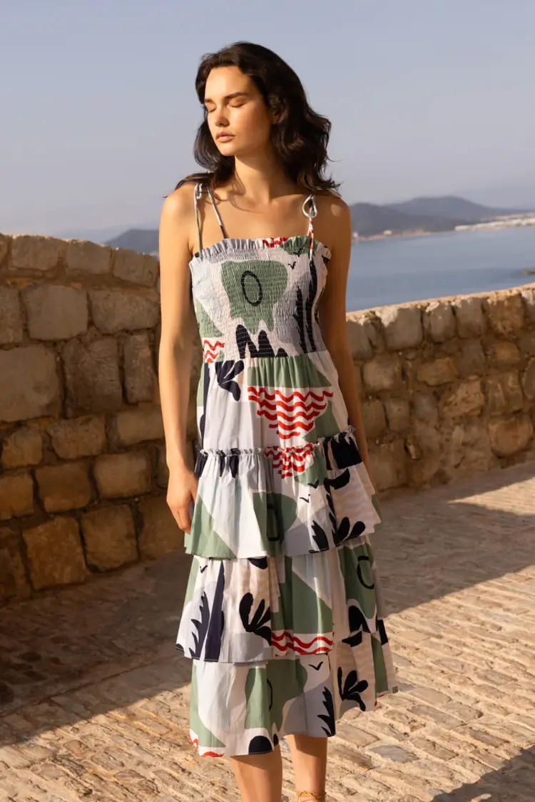 OLIPHANT 1181p1 smocked tie strap ruffle midi