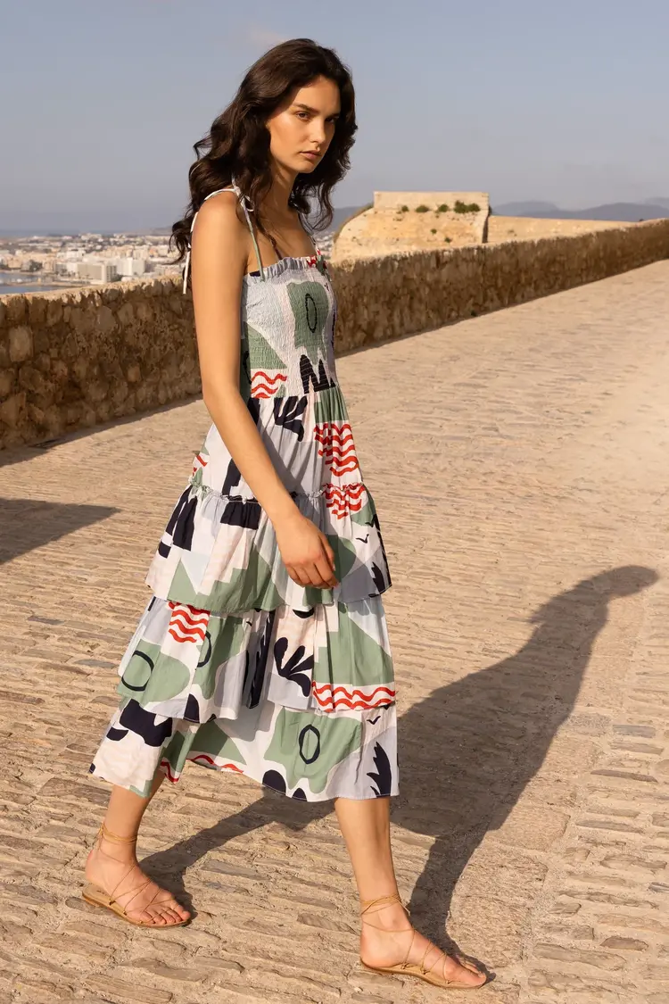 OLIPHANT 1181p1 smocked tie strap ruffle midi