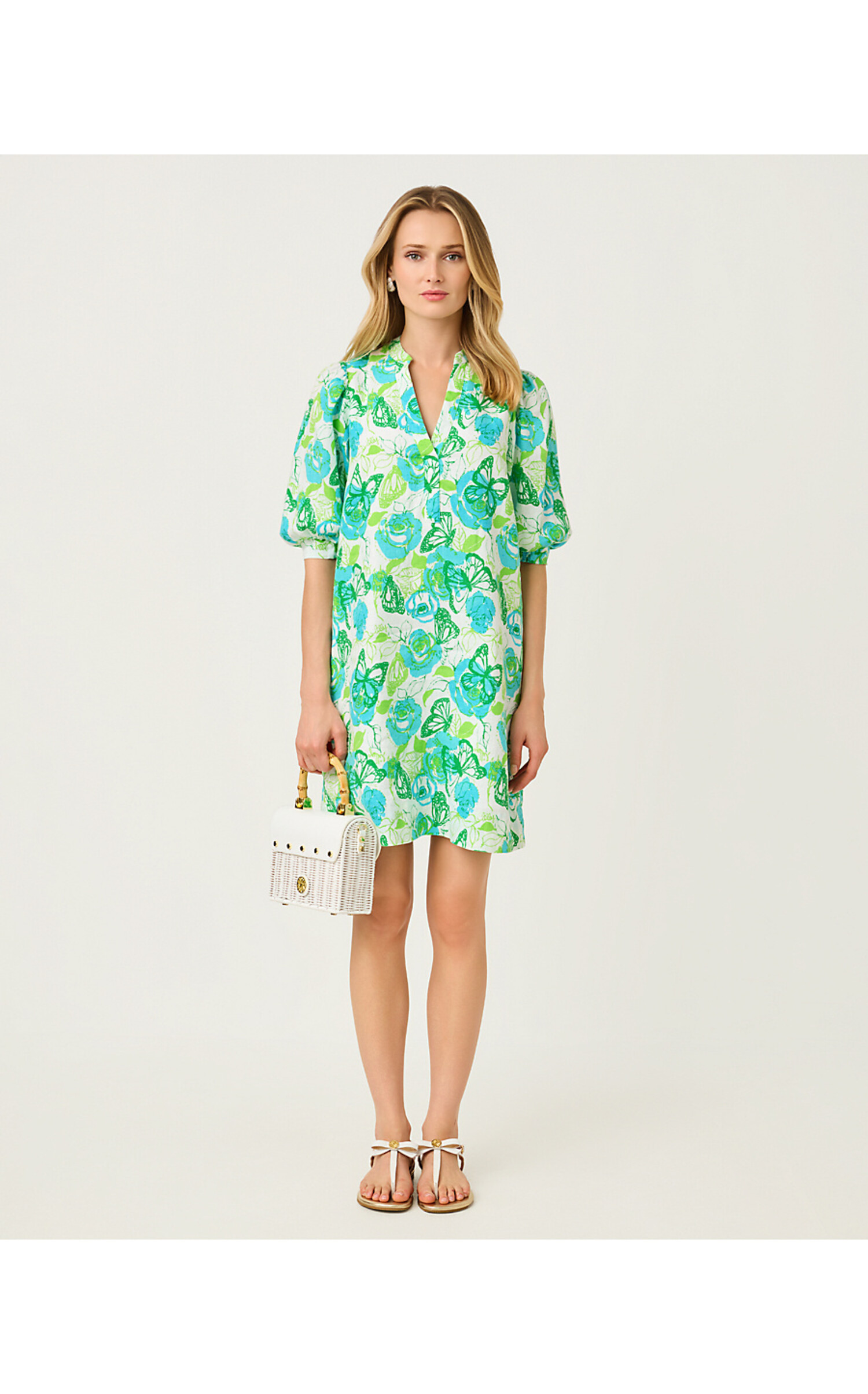 chinese dress ladies Blouson Sleeve Linen Shirtdress with Sea Shell Print main image 1