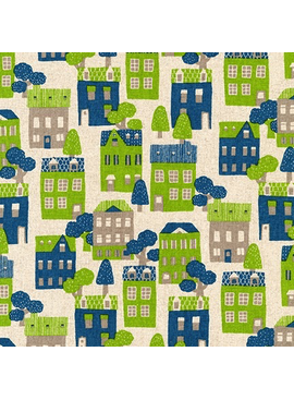 Robert Kaufman Sevenberry Cotton Flax Prints Blue Green Houses