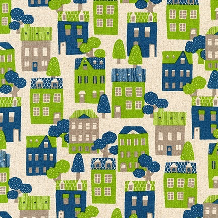 Robert Kaufman Sevenberry Cotton Flax Prints Blue Green Houses