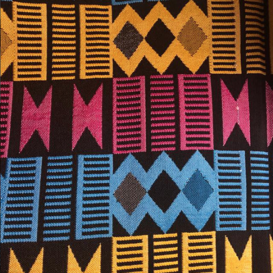AKN Fabrics African Woven Kente Cloth — Cyan, Gold, Magenta Geometric stripes