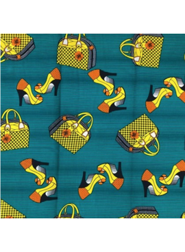 Fabrics USA Inc Ankara Wax Print— Hand Bags and Heels—Yellow and orange on teal