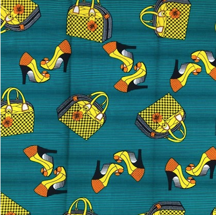 Fabrics USA Inc Ankara Wax Print— Hand Bags and Heels—Yellow and orange on teal