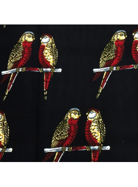 Fabrics USA Inc Ankara Wax Print— large red and yellow parakeets on black