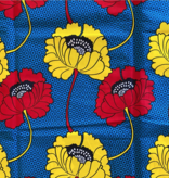 Fabrics USA Inc Ankara Wax Print— Large yellow and red poppies on blue background