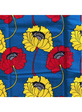 Fabrics USA Inc Ankara Wax Print— Large yellow and red poppies on blue background