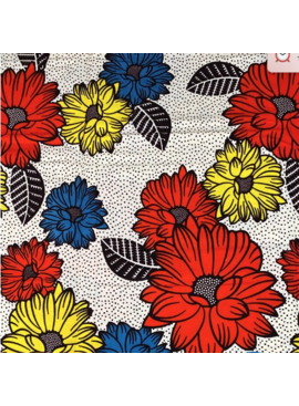 Fabrics USA Inc Ankara Wax Print— Yellow Red and Blue Daisies on Black and White dots