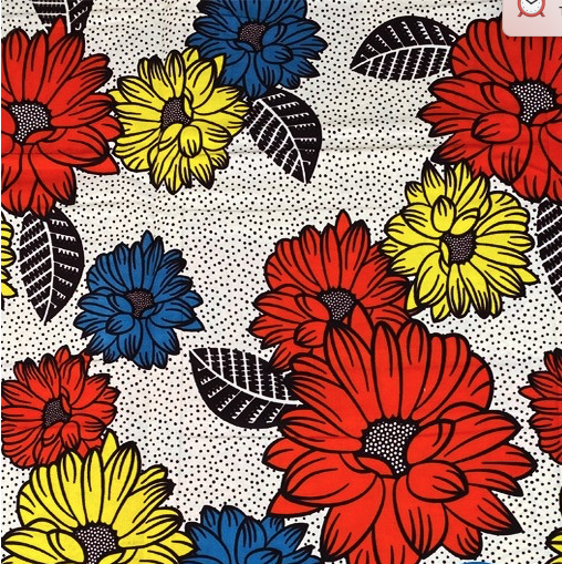 Fabrics USA Inc Ankara Wax Print— Yellow Red and Blue Daisies on Black and White dots