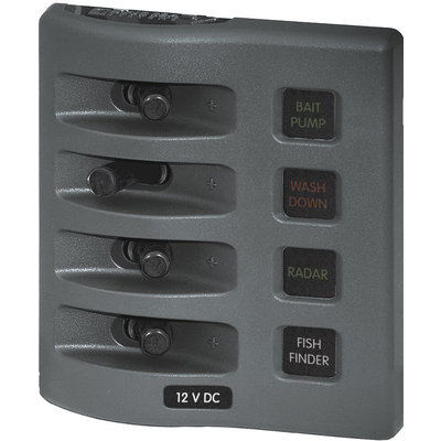 Blue Sea Systems Blue Sea 4304BSS Power Distribution Box; WeatherDeck ®; ATO/ATC Fuses Panel; 12 Volts DC; 15 Amps; 2 Positions; Black; Reinforced Polycarbonate; 3.88 Inch Width x 4.3 Inch Height x 2-1/2 Inch Depth; With 4 ATO/ ATC Fuse - 15 Amps/ 4 Toggle Switch SPST - O