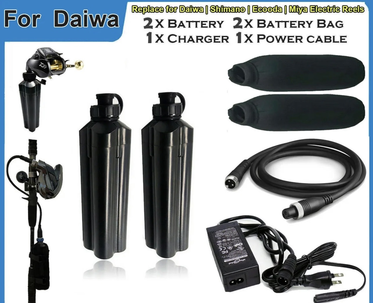 Lithium-ion Battery Tanacom 18Ah 14.8V 5000mAh Electric Reel Battery 2pk w/ battery bag, cable, Charger Kit in Bag - Angler's Choice Tackle