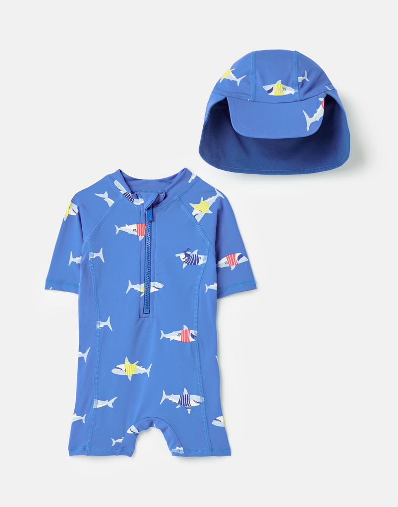 Joules Joules Shark Printed Swim Suit & Hat Set