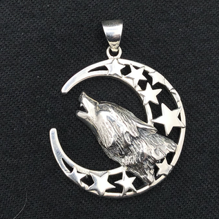 OMEN Baying Wolf and Moon Silver Pendant