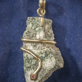 OMEN Freeform Preseli Bluestone Serpent Hengestone Pendant set in Solid Bronze with Garnet Cabachon