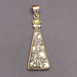 OMEN Triangular Polished Preseli Bluestone Hengestone Pendant set in Solid Bronze with Faceted Peridot