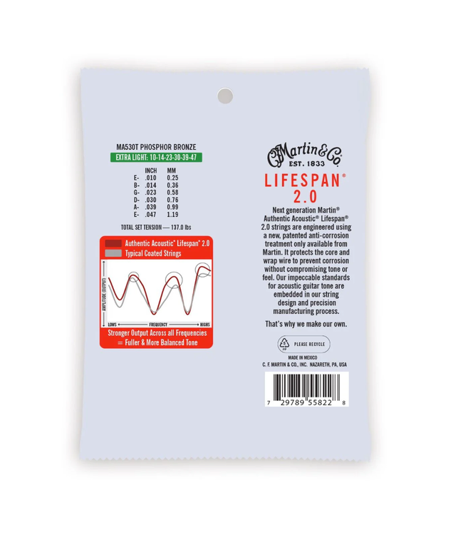 Martin Authentic Lifespan 2.0 Phosphor Bronze Acoustic Guitar Strings - 10-47 Extra Light