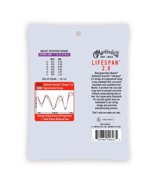 Martin Authentic Lifespan 2.0 Phosphor Bronze Acoustic Guitar Strings - 11-52 Custom Light