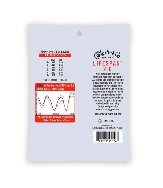 Martin Authentic Lifespan 2.0 Phosphor Bronze Acoustic Guitar Strings - 12-54 Light