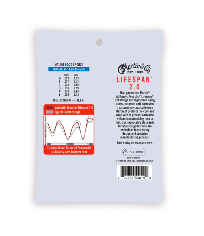 Martin Authentic Lifespan 2.0 80/20 Bronze Acoustic Guitar Strings - 13-56 Medium
