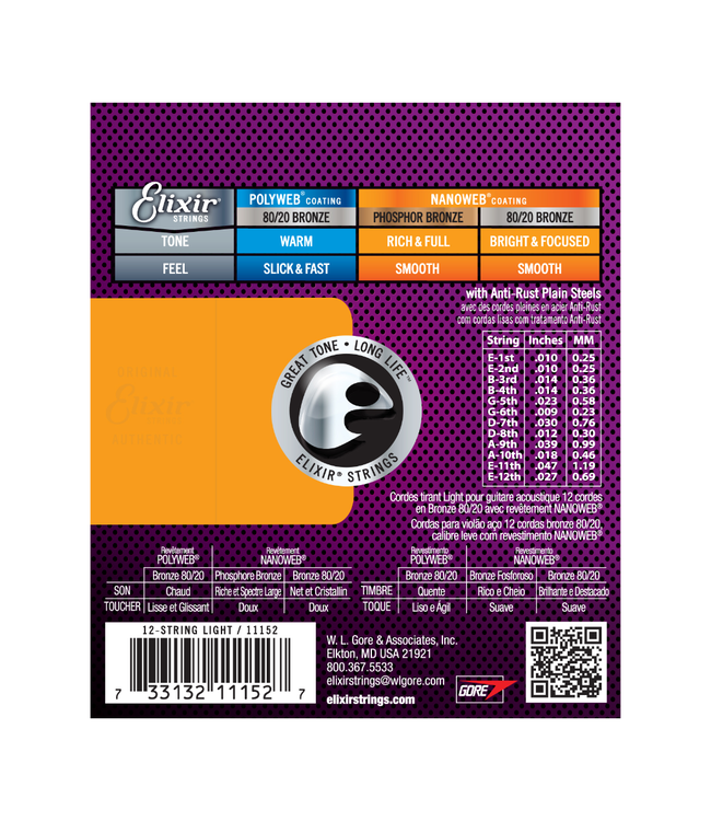Elixir Nanoweb Coated 80/20 Bronze Acoustic Guitar Strings - 10-47 (12-String) Light
