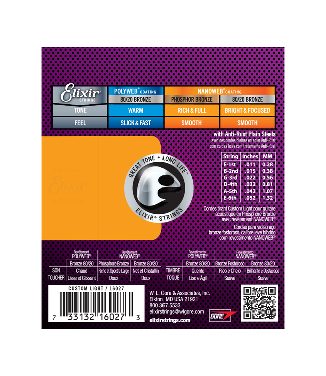 Elixir Nanoweb Coated Phosphor Bronze Acoustic Guitar Strings - 11-52 Custom Light
