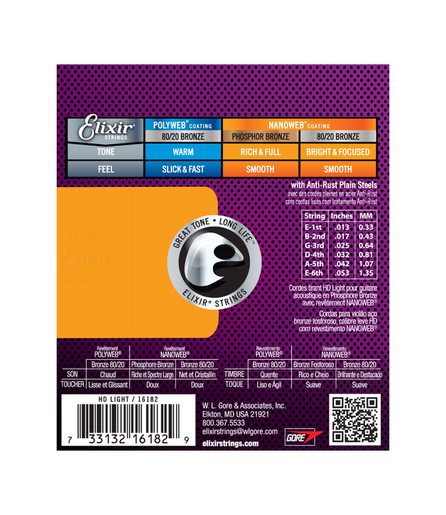 Elixir Nanoweb Coated Phosphor Bronze Acoustic Guitar Strings - 13-53 HD Light