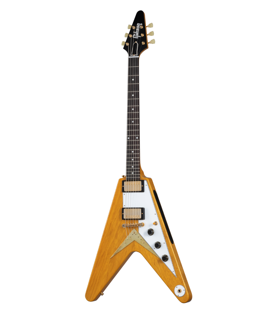 Gibson レイズドロゴ　ゴールド　58コリーナVに Gibson 1958 Korina Flying V Reissue - Natural, White