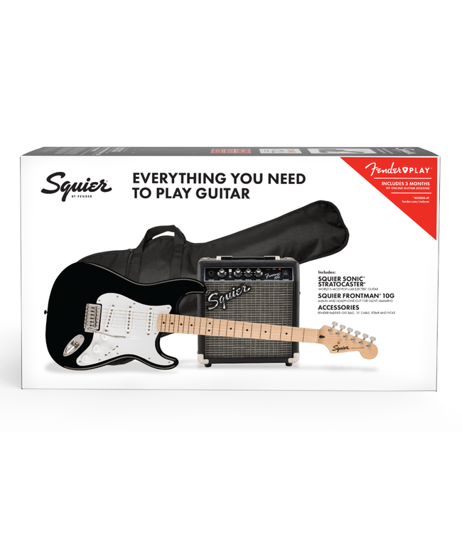 Squier Sonic Stratocaster Pack - Maple Fretboard, Black, Frontman 10G