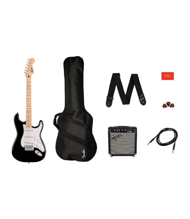 Squier Sonic Stratocaster Pack - Maple Fretboard, Black, Frontman 10G
