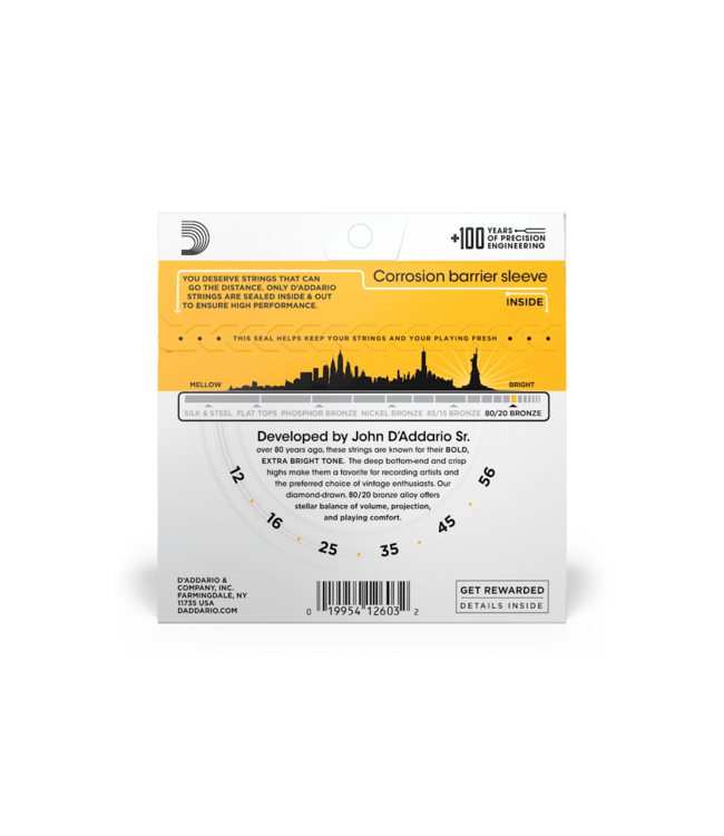 D'Addario 80/20 Bronze Acoustic Guitar Strings - 12-56 Light Top/Medium Bottom Bluegrass