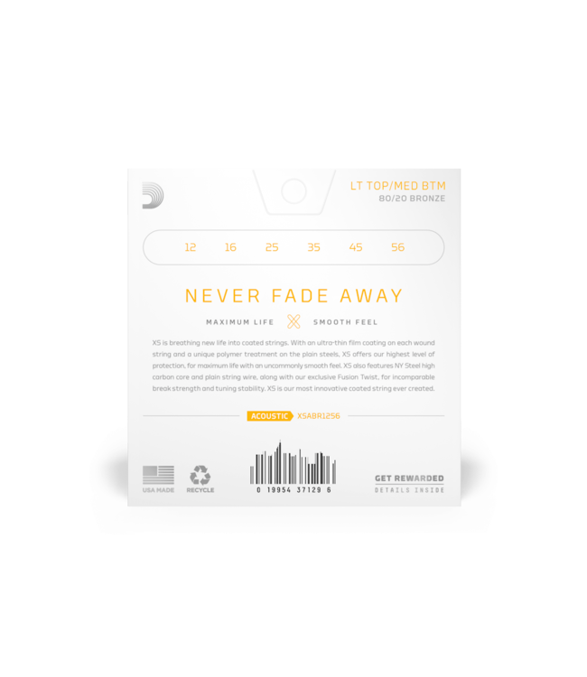 D'Addario XS Coated 80/20 Bronze Acoustic Guitar Strings - 12-56 Light Top/Medium Bottom