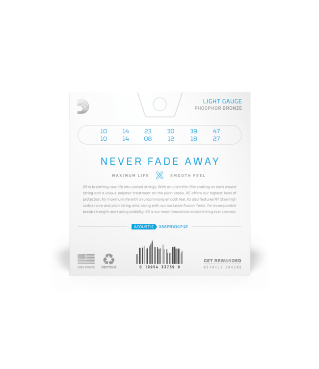 D'Addario XS Coated Phosphor Bronze Acoustic Guitar Strings - 10-47 (12-String) Extra Light