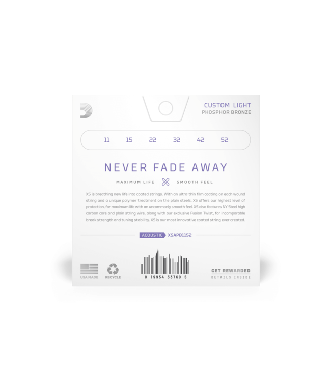 D'Addario XS Coated Phosphor Bronze Acoustic Guitar Strings - 11-52 Custom Light