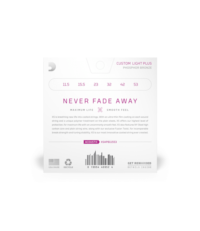 D'Addario XS Coated Phosphor Bronze Acoustic Guitar Strings - 11.5-53 Custom Light Plus