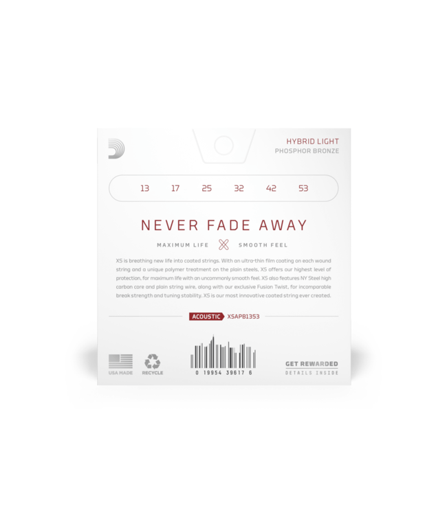 D'Addario XS Coated Phosphor Bronze Acoustic Guitar Strings - 13-53 Hybrid Light