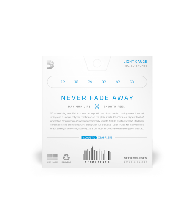 D'Addario XS Coated 80/20 Bronze Acoustic Guitar Strings - 12-53 Light