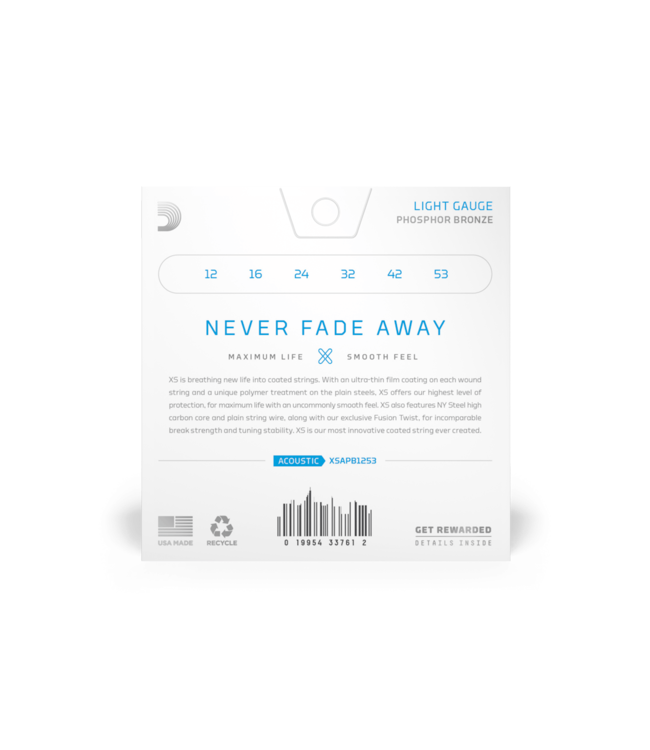 D'Addario XS Coated Phosphor Bronze Acoustic Guitar Strings - 12-53 Light