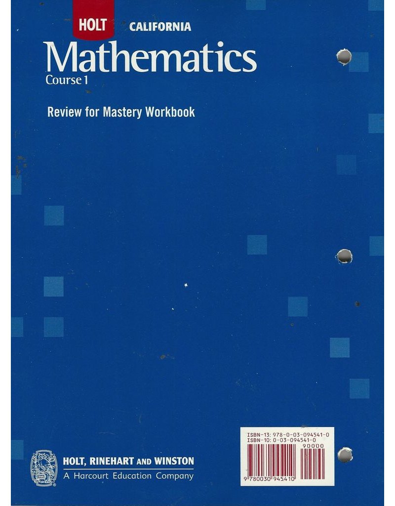 Holt Mathematics California: Review For Mastery Workbook Course 1