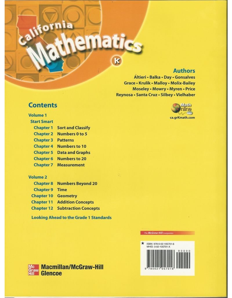 California Mathematics Student Text Grade K (Concepts, Skills, And Problem Solving, Volume 1)