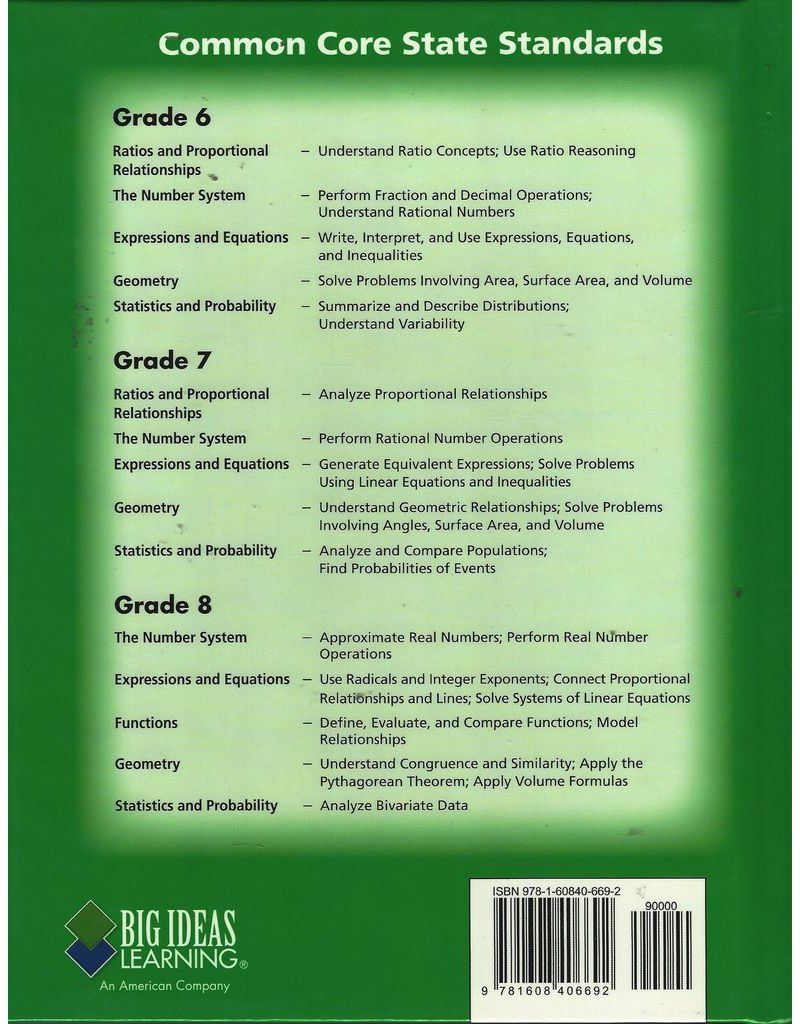 Big Ideas Math Course 1A Common Core Curriculum California Student Edition