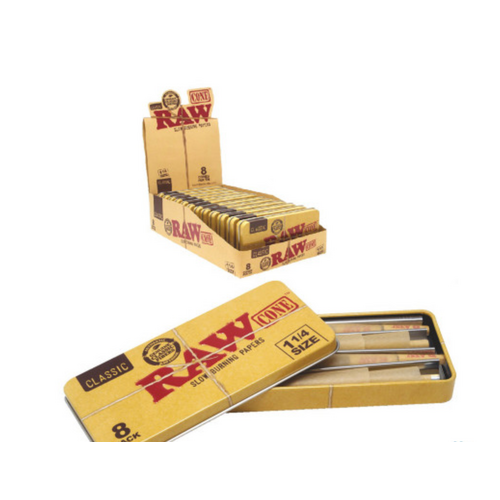 RAW RAW Classic Pre-Rolled 1 1/4 Size Cones - 8 Cones Per Tin