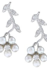 CLAD-2268H SS PEARL FLOWERS W/CZ LEAF EARRINGS